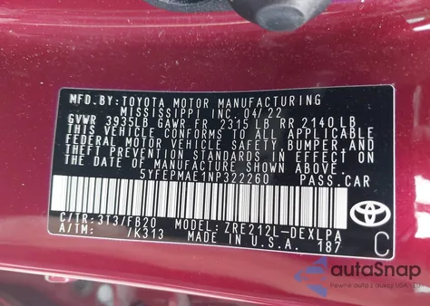 2022 Toyota Corolla Le z USA, uszkodzony, nr VIN 5YFEPMAE1NP322260